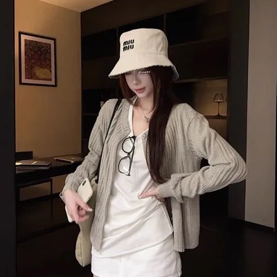 长袖气质针织开衫新款新款早秋秋季2026韩系女装坑条正反两穿V领