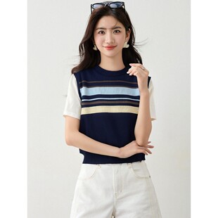 实拍有2026设计感短款假两件背心马甲上衣女夏季针织V领短袖