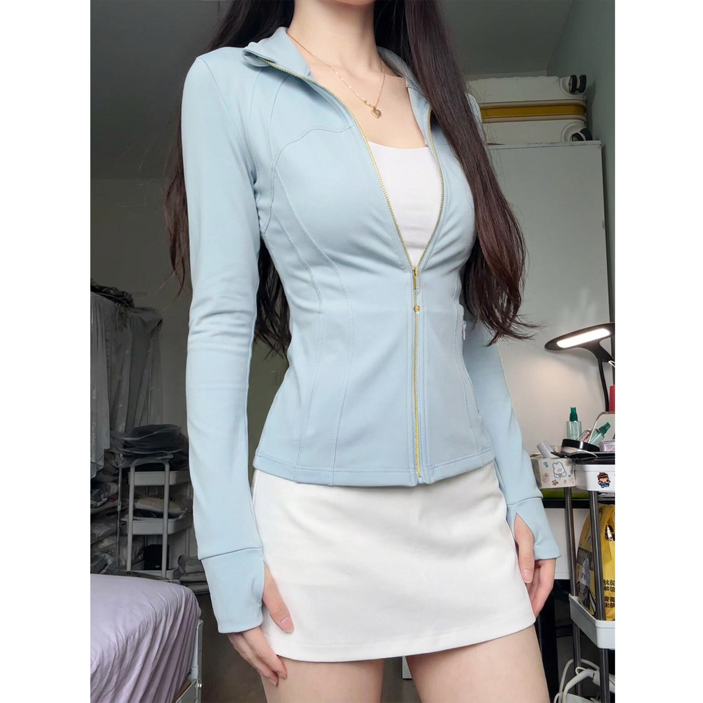 蓝色韩系穿搭多巴胺女款2026新款秋季修身瑜伽服上衣长袖运动外套