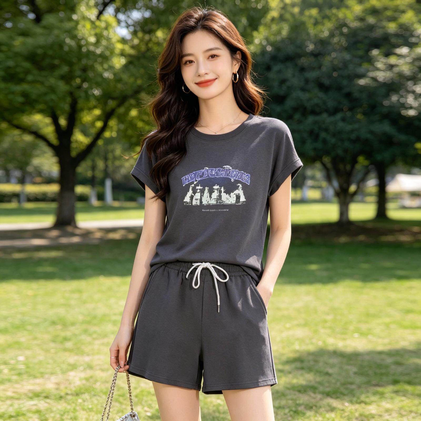 夏季休闲运动短袖套装女韩版新款瘦遮肉百搭阔腿短裤两件套居家服