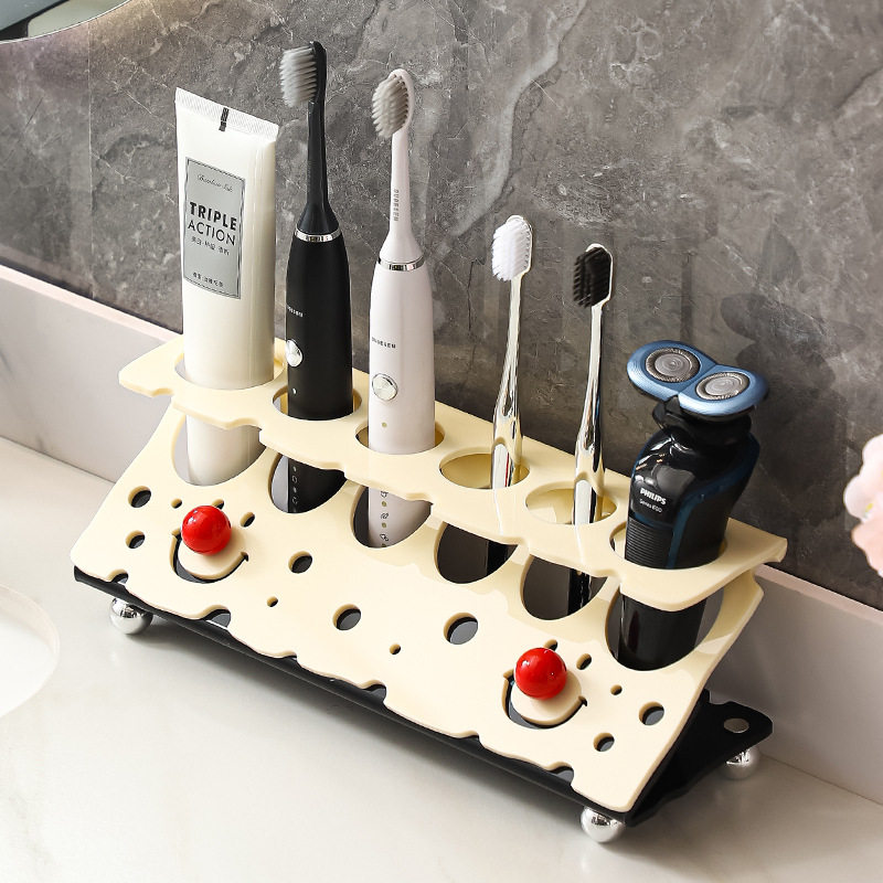 可爱卫生间电动牙刷置物架浴室台面牙膏架情侣一家三口漱口杯架