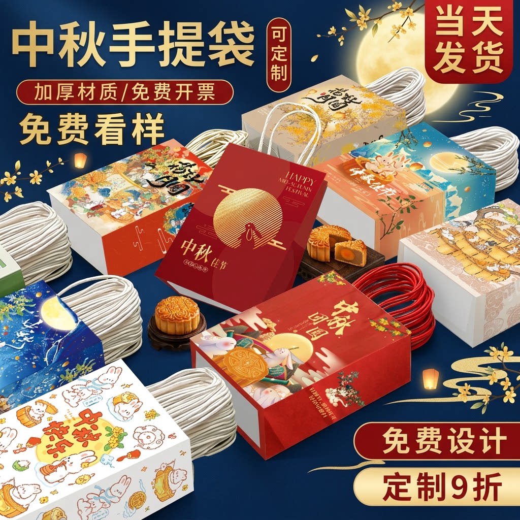 中秋节礼品袋伴手礼袋子红色月饼礼袋牛皮纸手提包装袋子定制批发