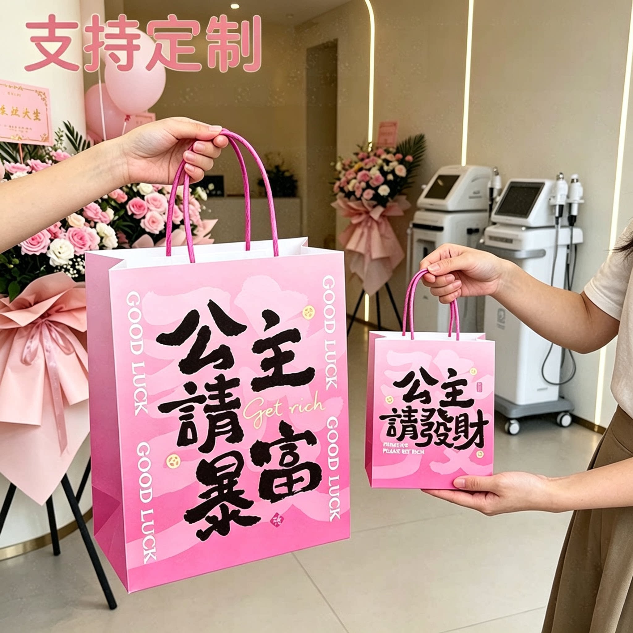 美容院开业美妆礼品纸袋粉色牛皮纸迷你小手提袋子定制公主请发财