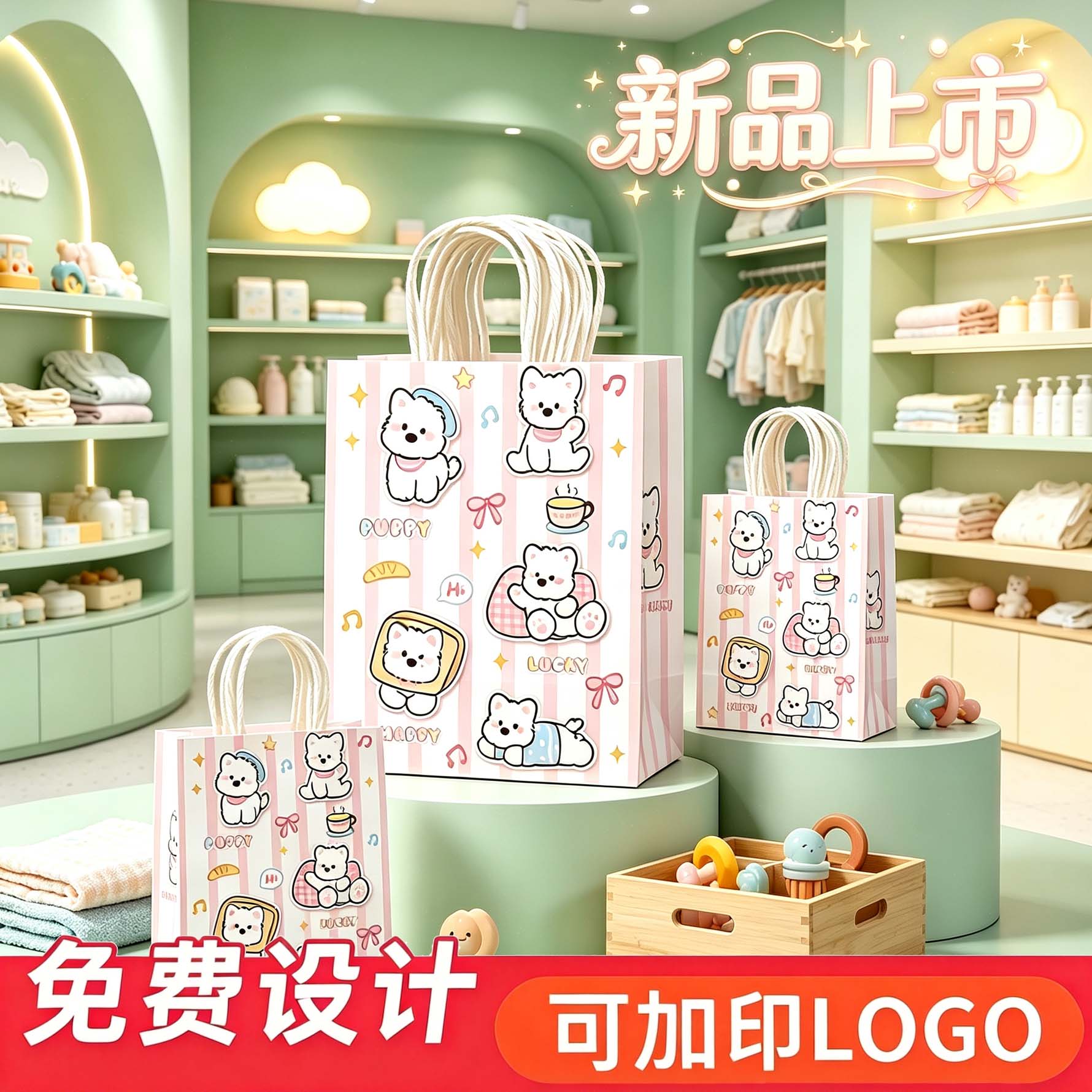 条纹小狗新品礼品袋卡通牛皮纸袋手提袋定制生日礼品袋纸袋定制