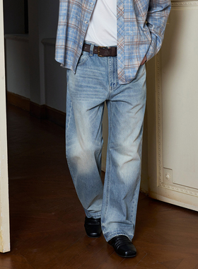 Ntalk 纯棉高密竹节面料宽体猫须马骝脚口扎漂磨边复古直筒牛仔裤