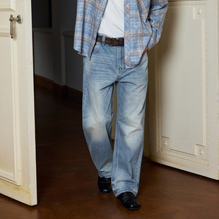 Ntalk 纯棉高密竹节面料宽体猫须马骝脚口扎漂磨边复古直筒牛仔裤