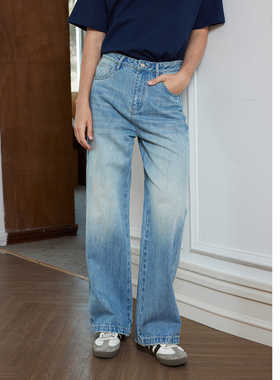 Ntalk 闪电爆裂暗纹牛仔裤 cleanfit水洗蓝做旧宽松A字版型长裤