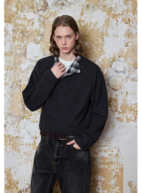 Ntalk 410克毛呢拼接领MIU系绒面面料质感自然柔和高级感长袖T恤