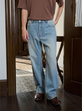 Ntalk 超薄款莱赛尔浅蓝垂坠感边缘磨破宽松直筒水洗日常牛仔裤男
