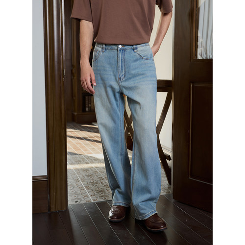 Ntalk 超薄款莱赛尔浅蓝垂坠感边缘磨破宽松直筒水洗日常牛仔裤男