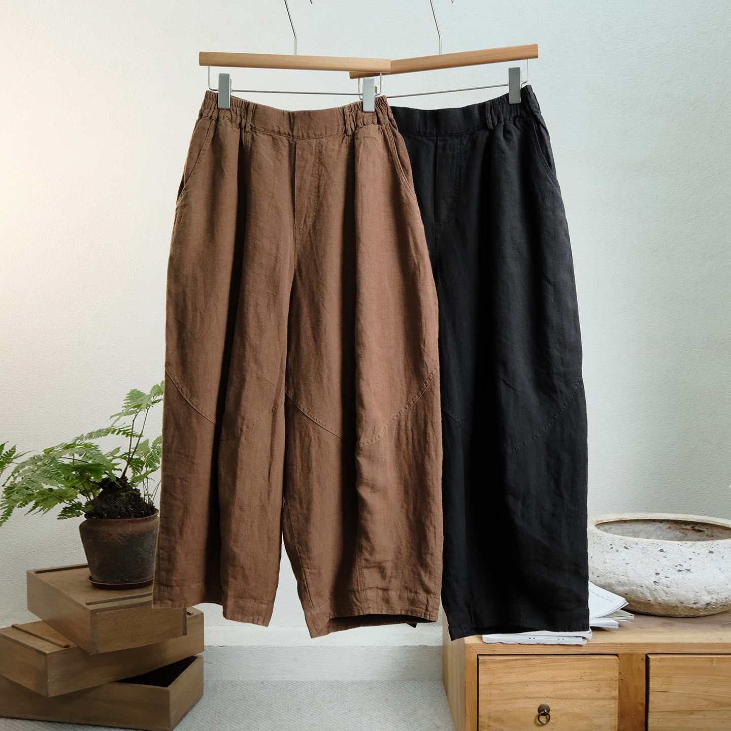 一七然秋冬新款文艺复古做旧松紧腰纯色百搭休闲加厚亚麻阔腿裤女,女装/女士精品,休闲裤,淘宝优惠券,粉丝福利购,淘宝优惠卷