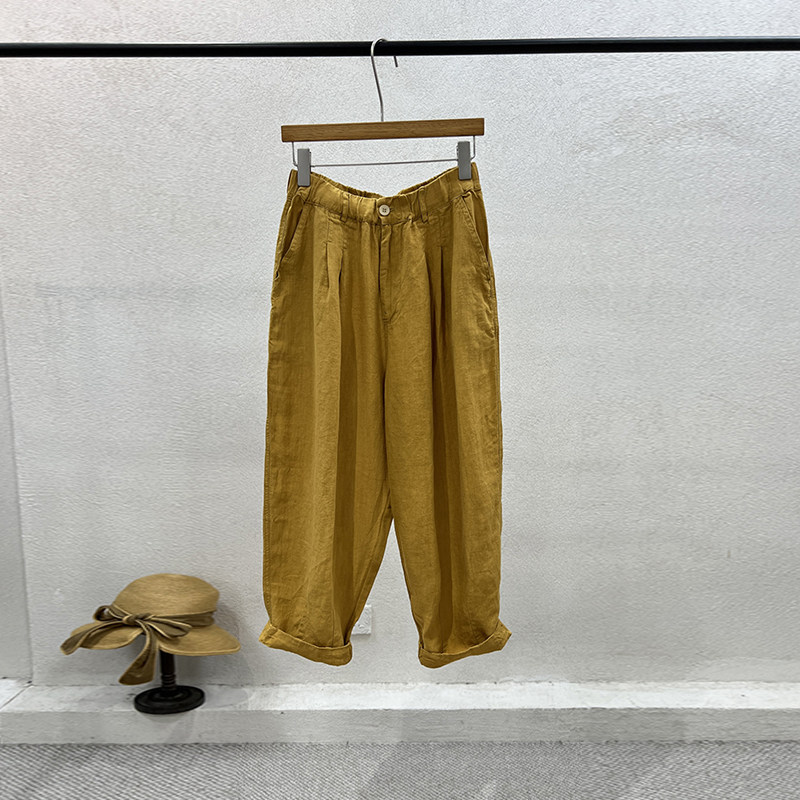 港风复古做旧范新品一七然夏季哈伦裤宽松显瘦净色百搭麻料九分裤