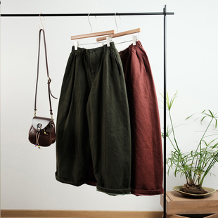 女 复古简约百搭松紧腰纯色保暖夹棉棉麻阔腿休闲裤 一七然冬季 新款