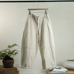 松紧腰保暖夹棉阔腿牛仔裤 新款 一七然冬季 复古简约百搭纯色休闲裤