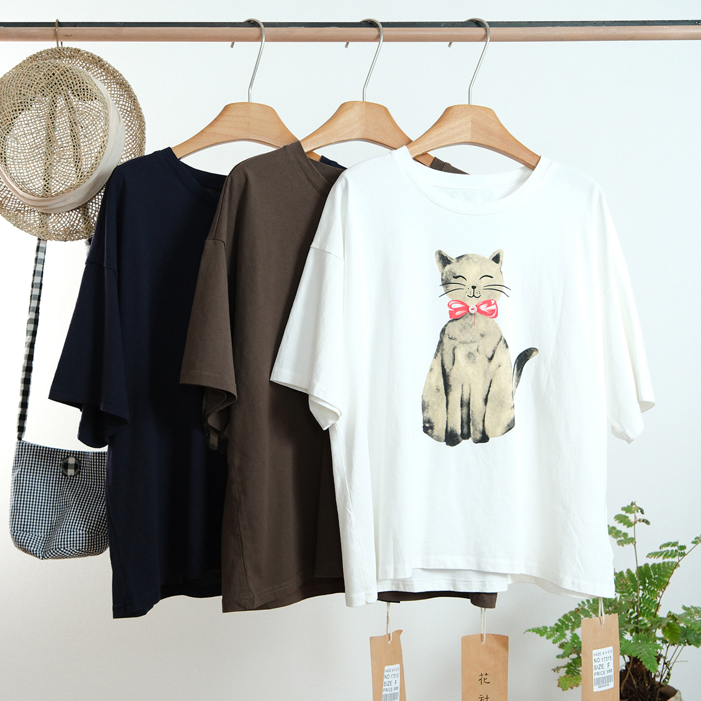 一七然夏季新款日系文艺圆领猫咪印花宽松显瘦棉质短袖T恤上衣女