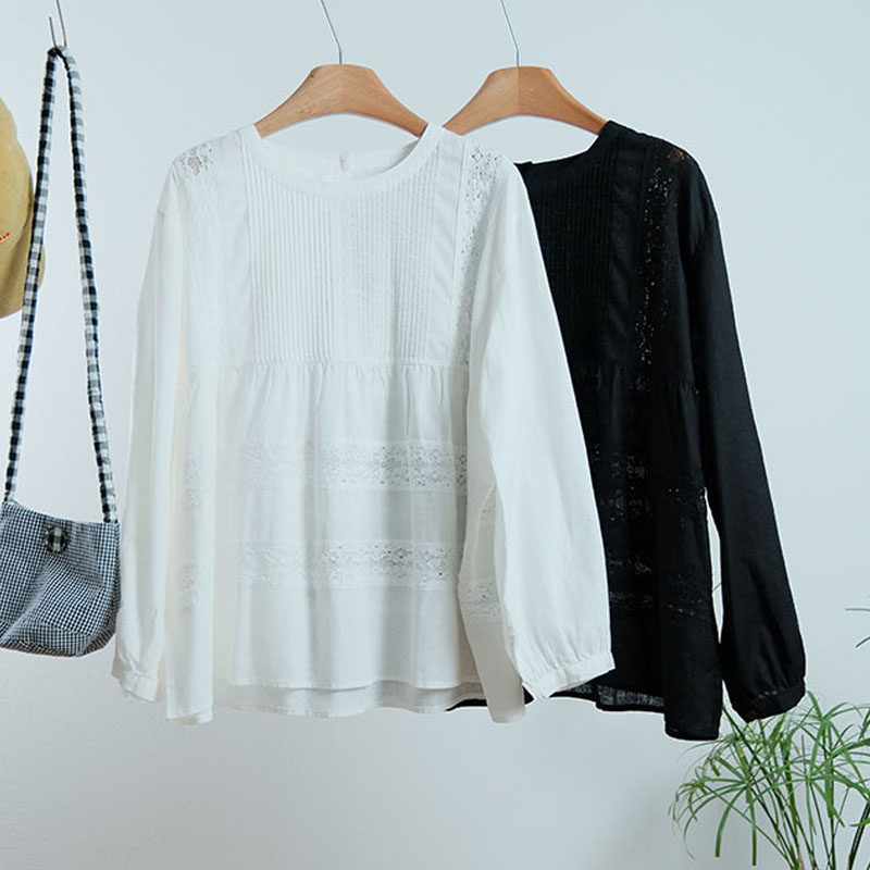 一七然早春新款日系文艺风琴褶花边拼接减龄棉麻舒适百搭套头衬衫