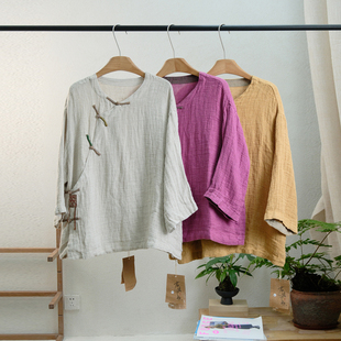 衣牧了然原创早秋新品复古国风斜襟盘扣刺绣拼接娴雅宽松麻料衬衫