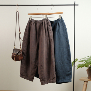 复古文艺范松紧腰纯色宽松休闲保暖夹棉亚麻休闲裤 一七然冬季 新款