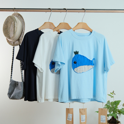 日系减龄圆领小鱼贴布短袖T恤