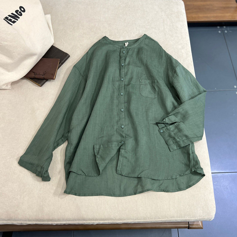 原宿文艺轻薄苎麻单排扣上衣一七然设计感单口袋宽松显瘦防晒衬衫