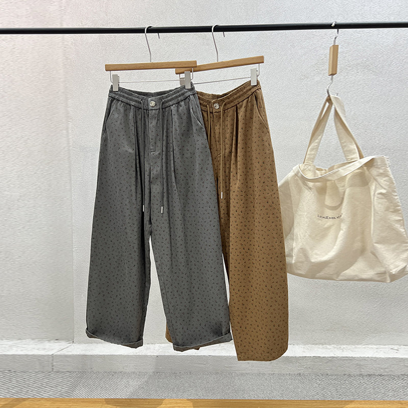 韩版原宿风新品春季一七然松紧腰系绳创意碎花通勤小众阔脚休闲裤