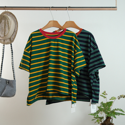日系学院风撞色短袖条纹T恤