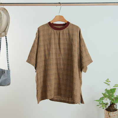 日系复古圆领侧开叉短袖格子T恤