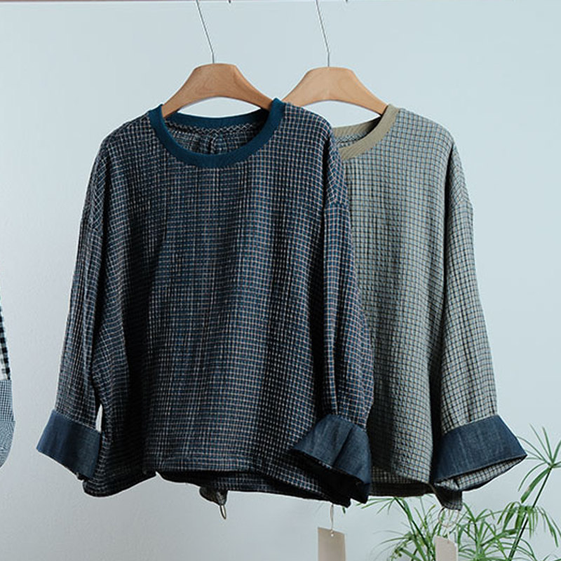 一七然早春新款日系文艺圆领格子拼接牛仔袖休闲款百搭套头衬衫女