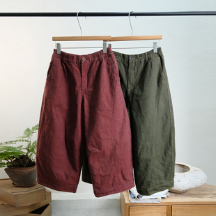 一七然秋冬新款 马匹棉亚麻复古文艺松紧腰纯色百搭舒适夹棉休闲裤