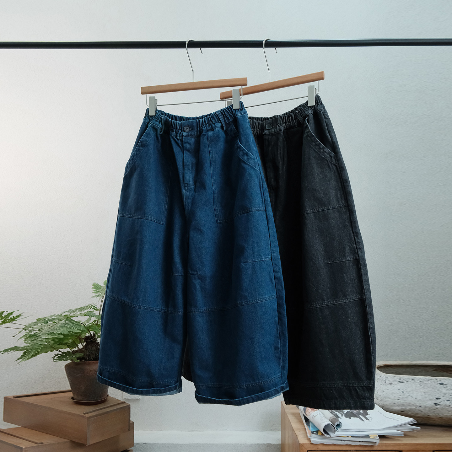 秋季新品复古港风文艺范松紧腰明线拼接压褶高腰显瘦阔腿牛仔裤女,女装/女士精品,牛仔裤,淘宝优惠券,粉丝福利购,淘宝优惠卷