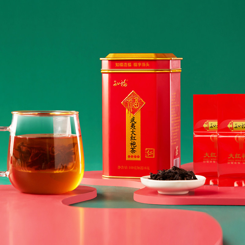 知福茶叶新茶大红袍茶一级武夷山岩茶浓香型罐装100g加送16g