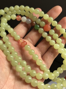 新疆若羌黄玉天然鸡油黄108颗项链圆珠diy和田玉散珠手串温润中式