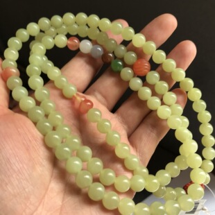 新疆若羌黄玉天然鸡油黄108颗项链圆珠diy和田玉散珠手串温润中式