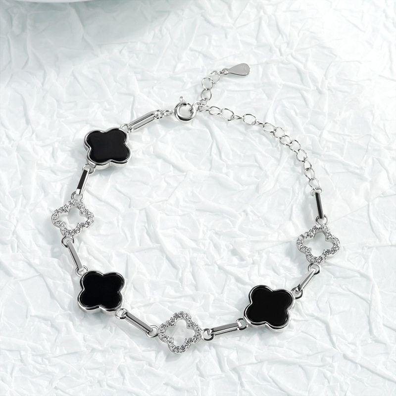 S925银镶嵌天然墨翠A货翡翠墨玉四叶草手链玉石时尚女银链可调节