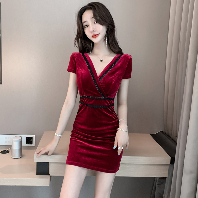 夜总店连衣裙冬季新款金丝绒夜场技师工作服紧身包臀短裙上班衣服