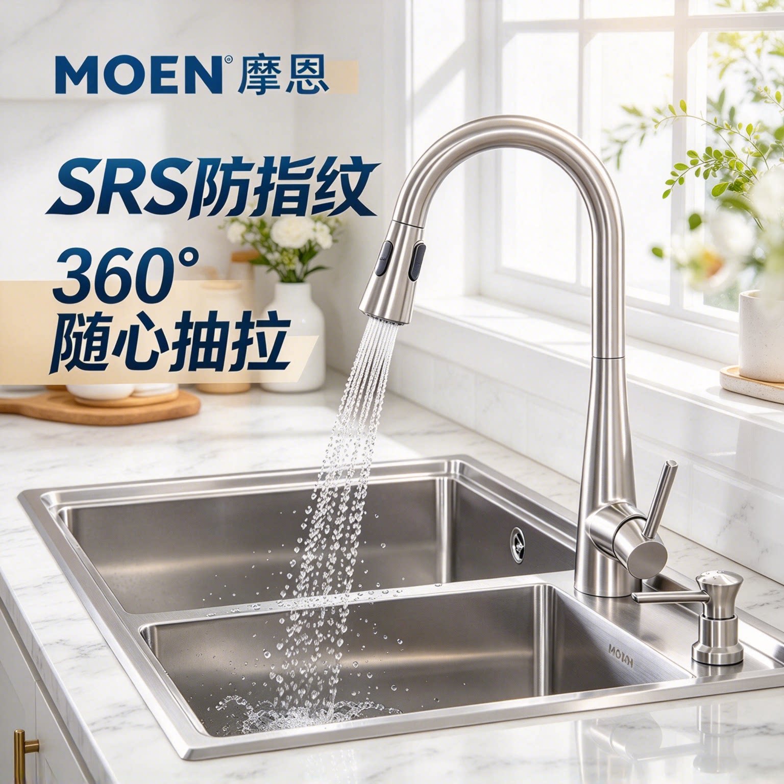 摩恩防指纹抽拉式旋转冷热龙头