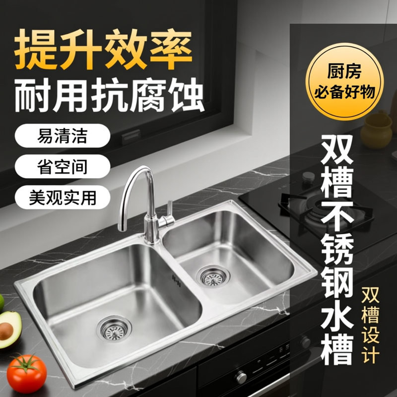 摩恩厨房水槽双槽套餐304不锈钢洗菜盆台上盆洗碗槽