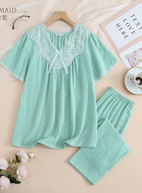 罗丝美春夏现款15058纯棉双层纱面料 V领套头镶蕾丝短袖长裤套装