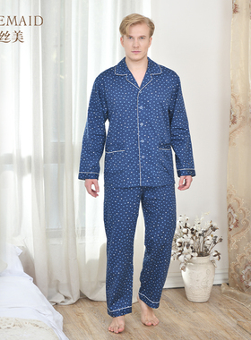 罗丝美秋冬新款纯棉磨毛印花男士国民领长袖长裤衣裤套 62240