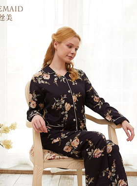 Rosemaid/罗丝美纯棉双层纱印花V字翻领异色镶边女士睡衣11246