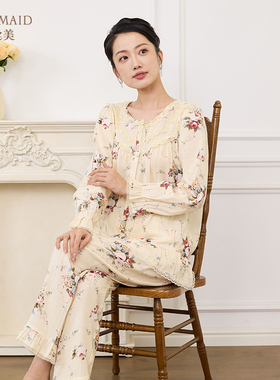 罗丝美秋冬新品14242纯棉双层纱印花圆领全开襟玫瑰印花睡衣套装