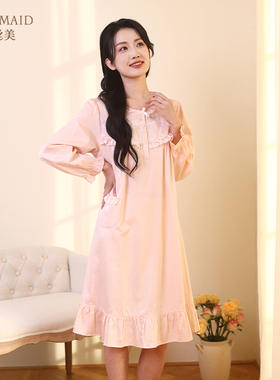 罗丝美春夏新15014纯棉60支直贡梭织面料圆领半开襟中长款睡裙女