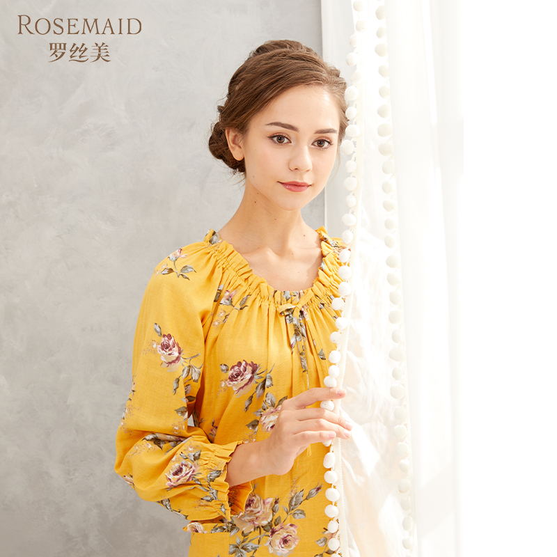 Rosemaid/罗丝美纯棉双层纱印花抽褶带松紧圆领长袖睡裙秋冬11217