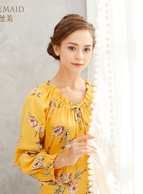 Rosemaid/罗丝美纯棉双层纱印花抽褶带松紧圆领长袖睡裙秋冬11217