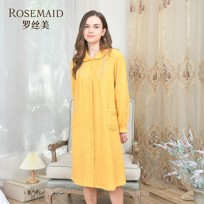 Rosemaid/罗丝美纯棉四层纱娃娃领全开襟长袖中长款睡裙 12217