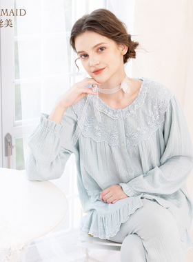 罗丝美2025秋冬新款15262纯棉双层纱皱布高级感睡衣家居服套装女