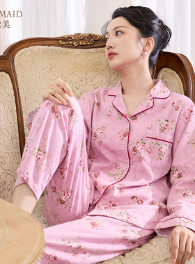 罗丝美2024秋冬新款家居服14255斜纹磨毛印玫瑰花国民领长袖睡衣