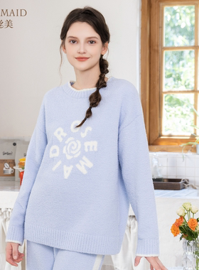 罗丝美2025秋冬新款15272半边绒圆领长袖睡衣可外穿家居服套装女