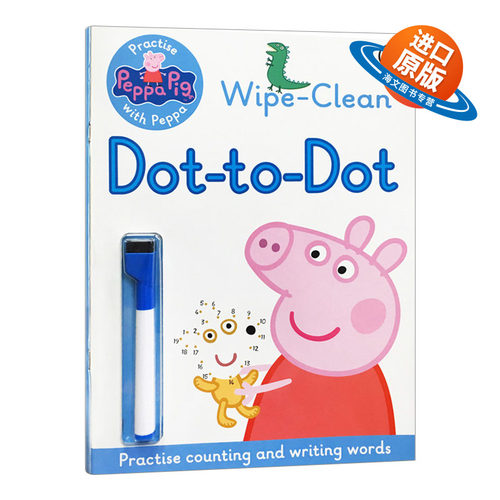 英文原版 Peppa Wipe-clean Dot-to-Dot 佩奇英文书写练习册 粉红佩佩猪小妹 可重复擦写带刷刷笔 活动绘本 进口英语原版书籍