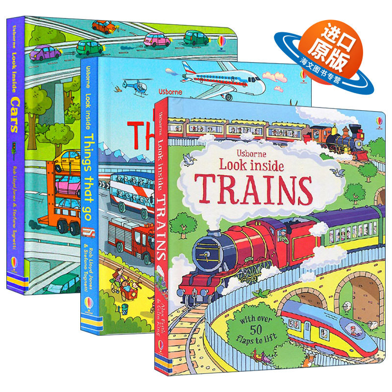 英文原版绘本 Usborne Look Inside 看里面之交通工具系列3册 纸板翻翻书 揭秘汽车/火车/交通工具 英文版 进口英语原版书籍